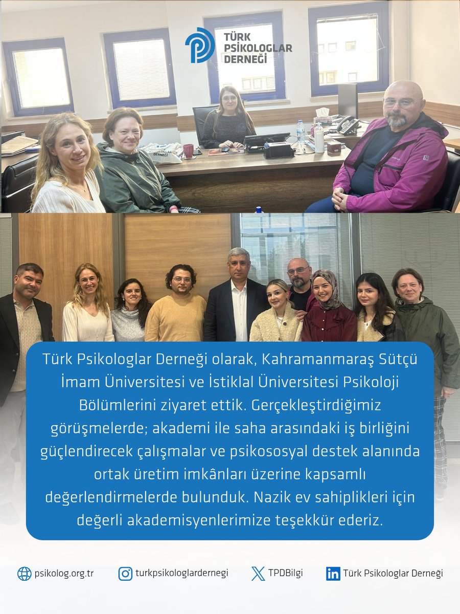 TPDBilgi's tweet photo. Türk Psikologlar Derneği olarak, Kahramanmaraş Sütçü İmam Üniversitesi ve İstiklal Üniversitesi Psikoloji Bölümlerini ziyaret ettik.

Gerçekleştirdiğimiz görüşmelerde; akademi ile saha arasındaki iş birliğini güçlendirecek çalışmalar ve psikososyal destek alanında ortak üretim imkânları üzerine kapsamlı değerlendirmelerde bulunduk.

Nazik ev sahiplikleri için değerli akademisyenlerimize teşekkür ederiz.

#Kahramanmaraş