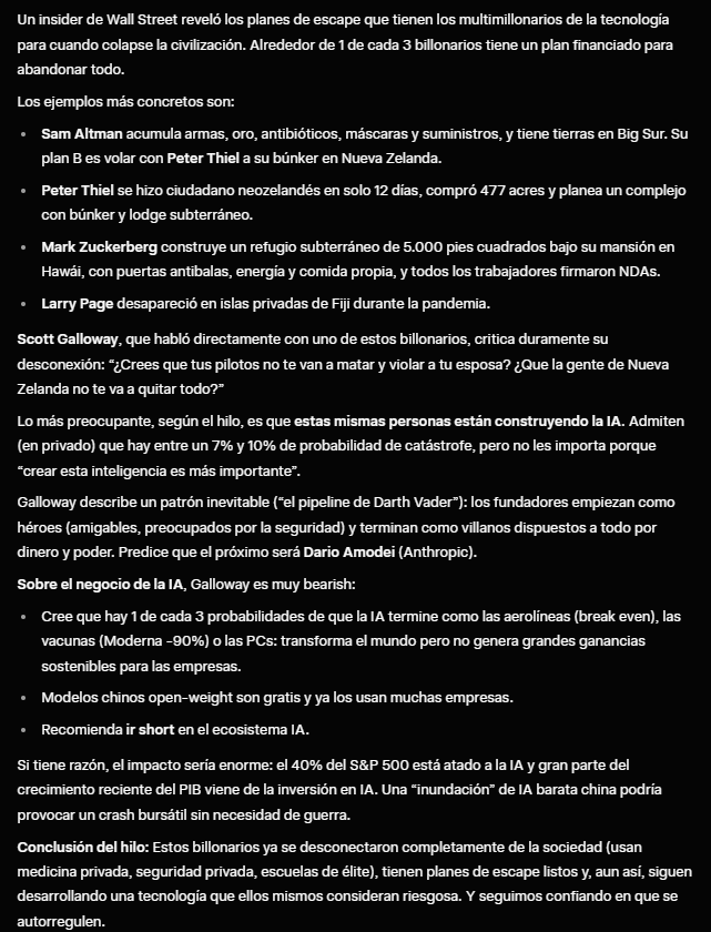 bixazapatao's tweet image. la #AI2026 no va a salvar al mundo
los CEOs de #SiliconValley y #BigTech ya tienen listos sus búnkeres y planes de escape. 

Más que un avance #tech estamos ante una desconexión infantil total de la realidad.