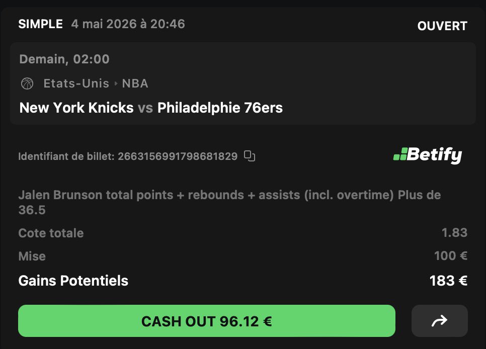 theo69prono's tweet image. #NBA 

🔸 Brunson +36.5 PRP @1.83 1%

Cut passé 3/3 pour Brunson à domicile dans ces Playoffs
Il faut donner le ton sur ce G1 et il adore perf contre les Sixers, 3/3 en SR avec 30min+ 

✅Pour bet sur le même book : urlr.me/EyBAtT

♻️❤️ si tu suis
