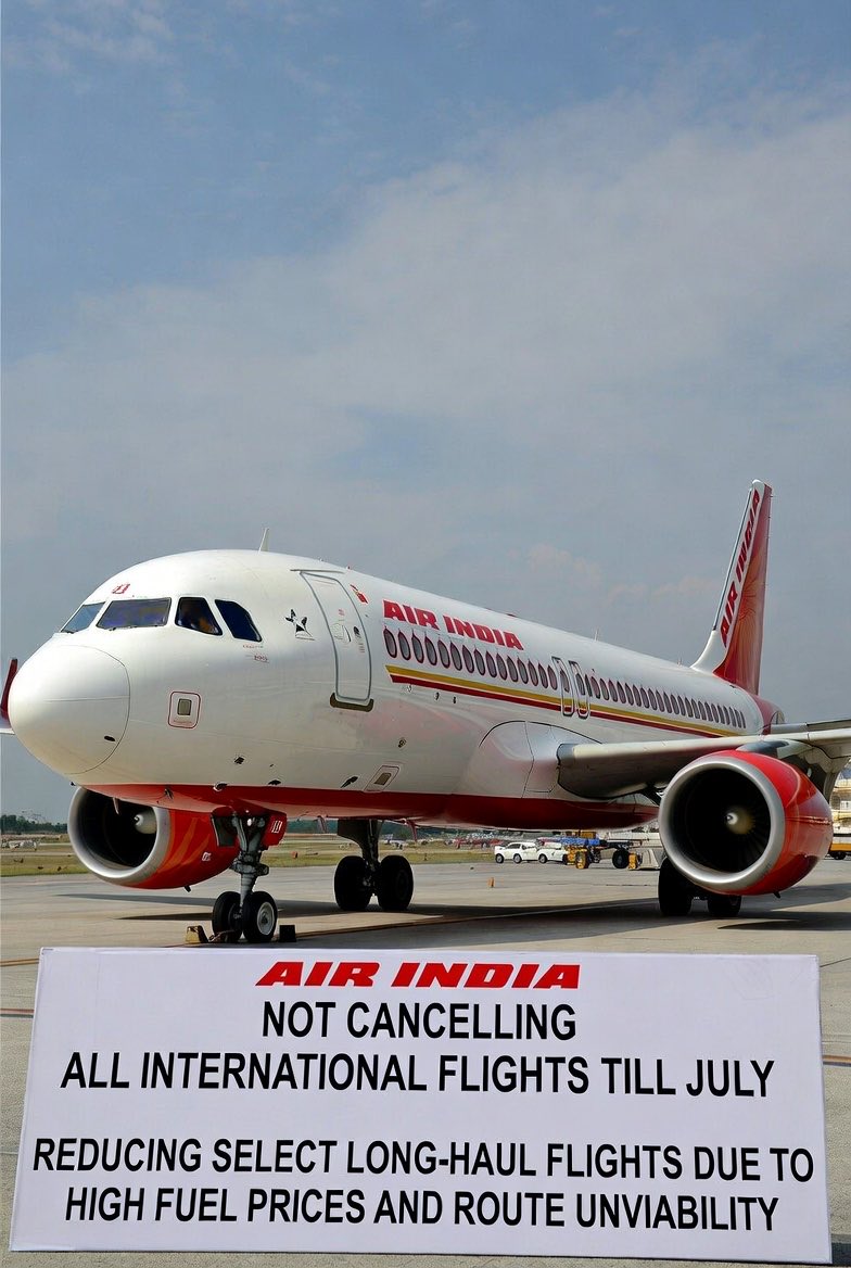 PublicNewsX's tweet image. 🚨 BREAKING

Air India NOT cancelling all international flights till July.

The airline is only reducing select long-haul flights due to high fuel prices and route unviability. 

Many international services continue to operate normally.

#AirIndia #AviationNews