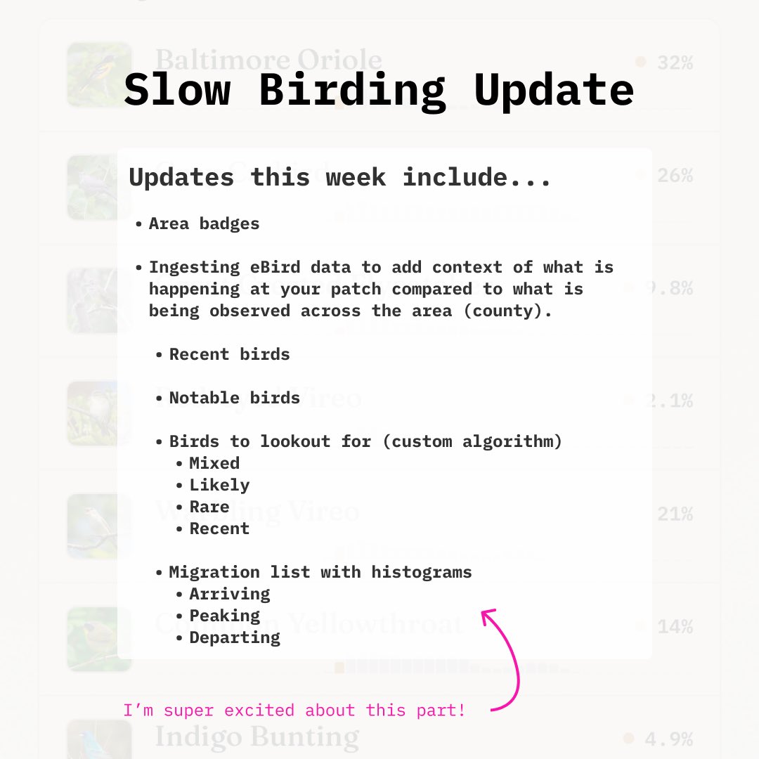 eadahl's tweet photo. Slow Birding prototype updates from this past week. 

I've been exploring different ways to add context through eBird data integration. https://t.co/ttJ2SmoVxU