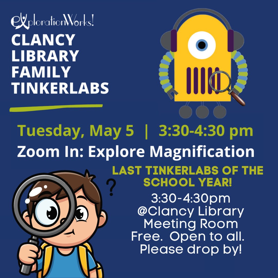NorthJeffCo's tweet image. 🔍 TOMORROW is your last chance to join TinkerLab until fall! Don’t miss hands-on STEM fun with ExplorationWorks at Clancy Library, May 5, 3:30–4:30pm. Explore magnification, spark curiosity, and make memories. Free &amp;amp; open to all ages!

#STEM #FamilyFun #LibraryEvents