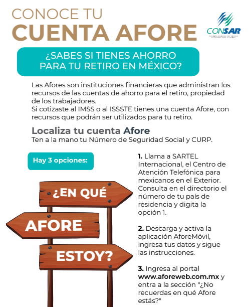 IME_SRE's tweet photo. ¿Sabes si tienes ahorro para tu retiro en México? Si cotizaste al IMSS o ISSSTE 📋 tienes una cuenta Afore con recursos que podrán ser utilizados para tu retiro. ¡Consulta más información en tu consulado más cercano!

#EducaciónFinancieraIMME https://t.co/e7CXs7COND