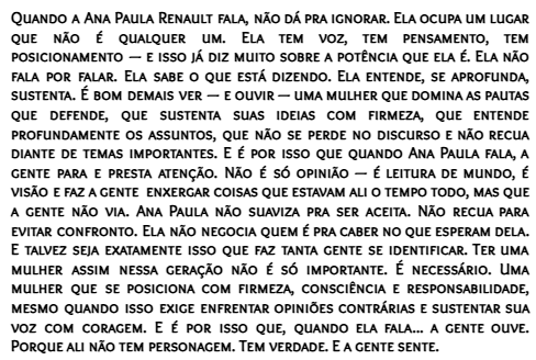 vih55435's tweet photo. @anapaularenault  tem esse efeito: ela não passa despercebida. Ela abre os nossos olhos. Ela faz a gente pensar, questionar, entender melhor. Faz a gente perceber coisas que antes passavam despercebidas. E isso é muito poderoso porque quando ela fala, existe um impacto real. https://t.co/eNMwJkEn0z
