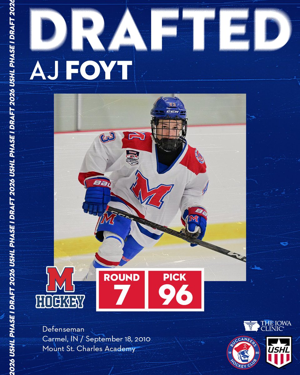With the 96th overall pick in Round 7 of the 2026 USHL Phase I Draft, the Buccaneers select AJ Foyt out of Mount St. Charles Academy. Welcome to Des Moines, AJ! 🏴‍☠️👏

Season presented by The Iowa Clinic
#HockeysAliveinthe515 #USHL