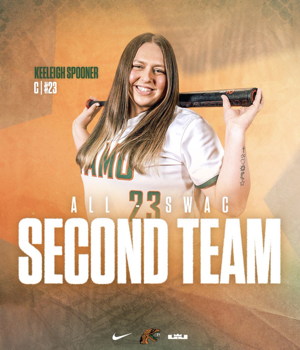 FAMU_Softball's tweet photo. 🥎 SECOND TEAM ALL-SWAC 🥎

.380 AVG. 9 HR. 50 RBI. Behind the dish and in the box — Keeleigh Spooner delivered all season long. 🐍🟠

#FangsUp https://t.co/87MsuJFIII