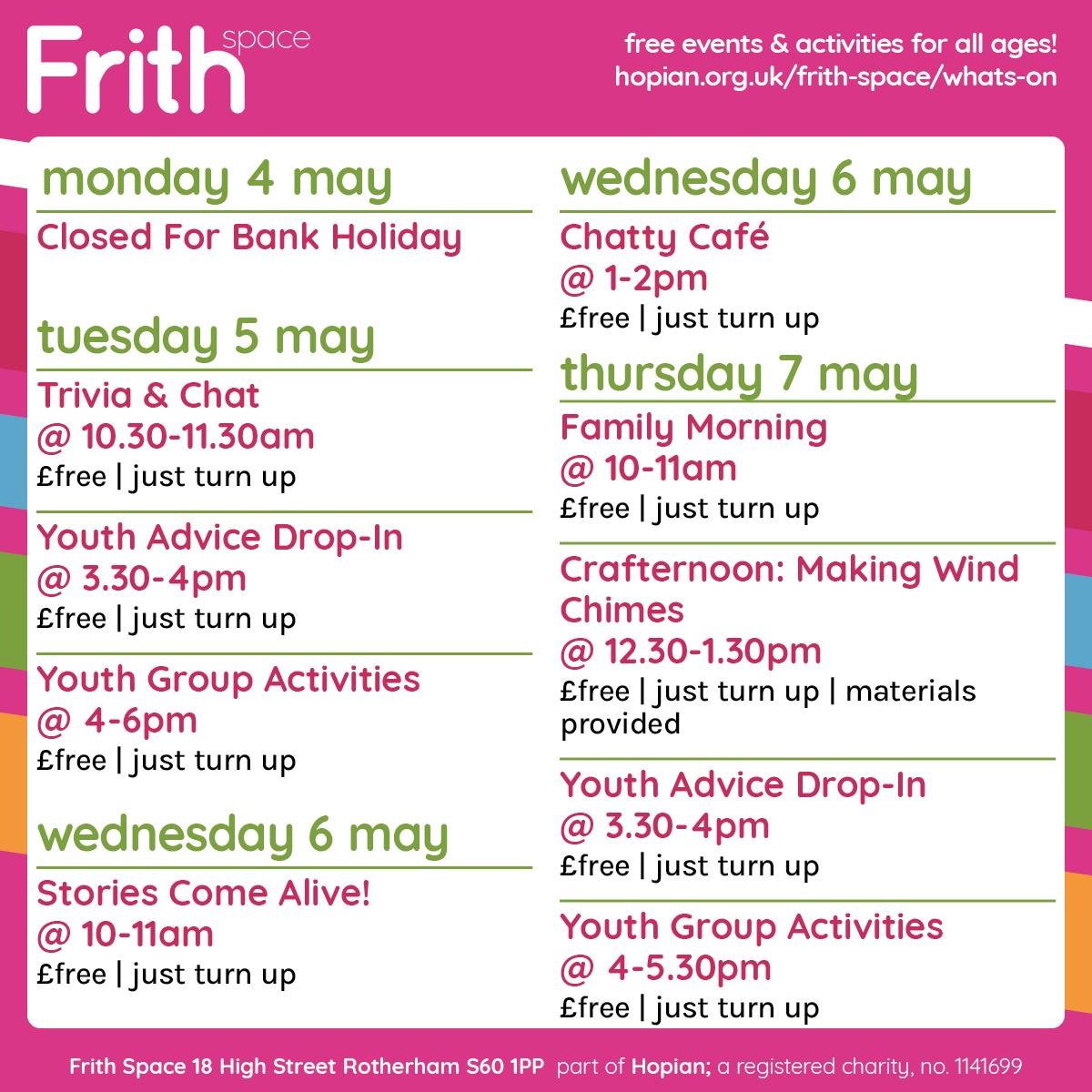 Stag_RosePPG's tweet image. #tuesday &amp;amp; the week ahead at Frith Space High Street S60 1PP

#FREE - just turn up ☺ 10.30am - #QuizTime
#youth Advice &amp;amp; Activities 4.30pm -7pm

#socialise #peersupport #CommunityEvent #EndLoneliness
#activities #weekahead #AllAges