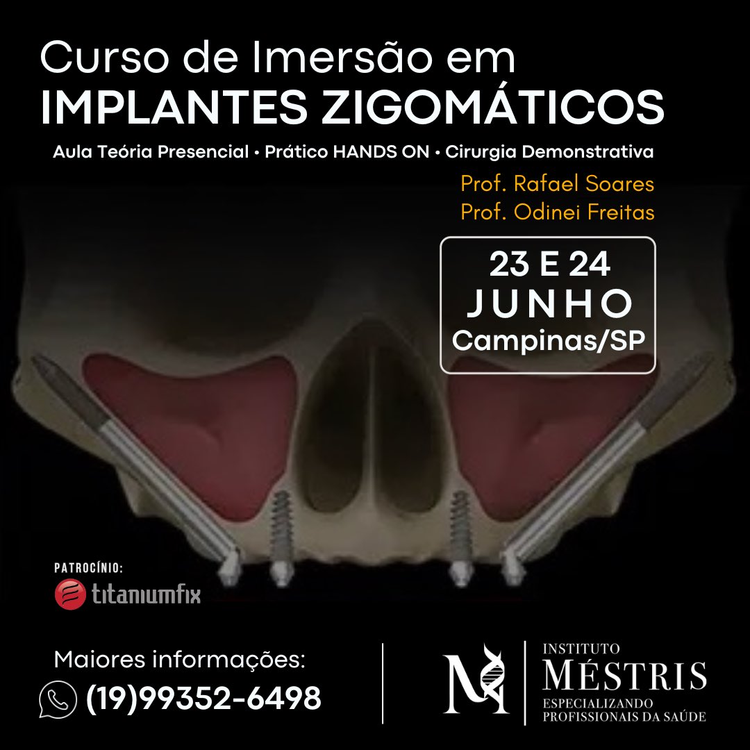 imestris's tweet photo. Curso de Imersão em Implantes Zigomáticos com o Prof. Dr. Odinei Freitas e Prof. Dr. Rafael Soares Vieira.
⠀⠀⠀
Dias 23 e 24 de Junho/2026
Campinas/SP⠀⠀
⠀⠀⠀
VAGAS LIMITADAS ❕❕❕⠀⠀⠀⠀⠀
⠀⠀⠀
Inscreva-se ou saiba mais pelo whatsapp (19) 99352-6498. https://t.co/BRUMpWXBI2