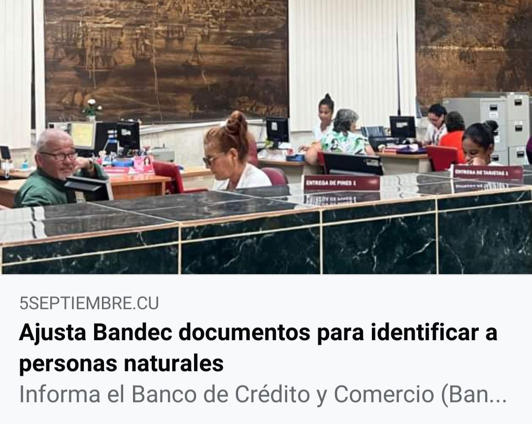 Niurkacm1's tweet photo. 📣A todos los clientes de #Bandec le brindamos ℹ️información de interés.

🤔¿Cómo puedes realizar trámites bancarios🏦 si tienes problemas con tu documento de identificación personal?🪪

📢En este enlace te brindamos la información necesaria: ⬇️⬇️

➡️🔗 https://t.co/y5IF7avBYy https://t.co/XQ3Sef34uM