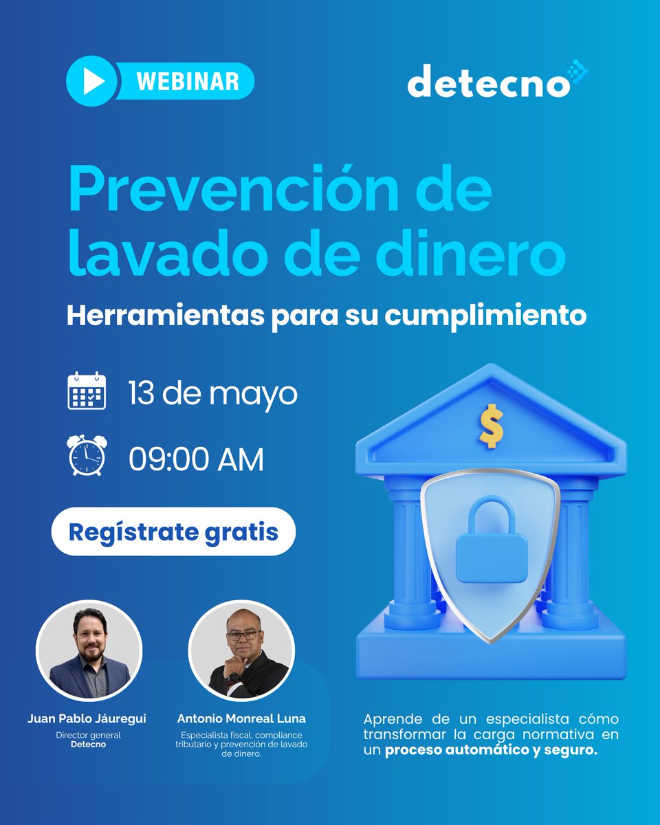 detecno_'s tweet photo. 🛡️ ¿Sabes qué exige la Ley Antilavado y como cumplir con ella?

📌 Aprende de un especialista cómo cumplir y transformar la carga normativa en un proceso automático y seguro.

👉  Regístrate hoy y asegura tu lugar: https://t.co/gSyZqECgYg
📅 13 de mayo | 09:00 AM https://t.co/AiikiLDfvg