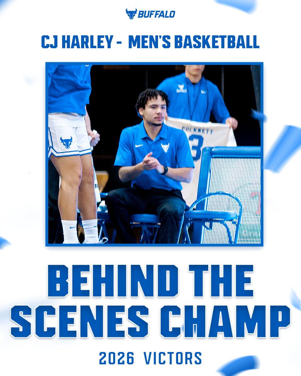 UBAthletics's tweet photo. The second annual Ronald Balter Behind the Scenes Champ goes to men’s basketball team manager CJ Harley! 

#TheVictors2026 https://t.co/Zu1RizwHZH