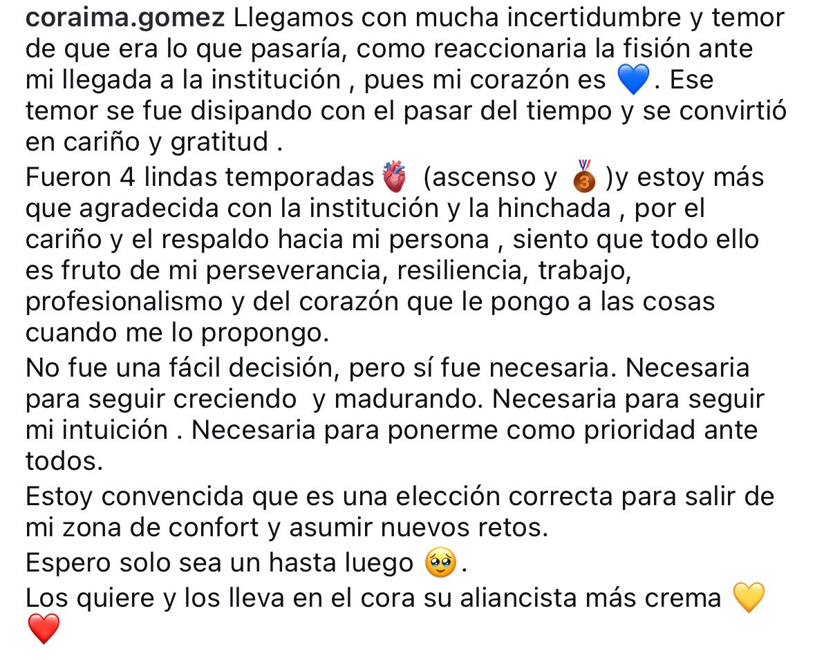 Qué bonitas palabras de Coraima Gómez, siempre fue una profesional a pesar de su hinchaje por AL, ella si se va por la puerta grande y agradeciendo como corresponde, que le vaya bien a donde vaya! 👏🏻👏🏻✨✨