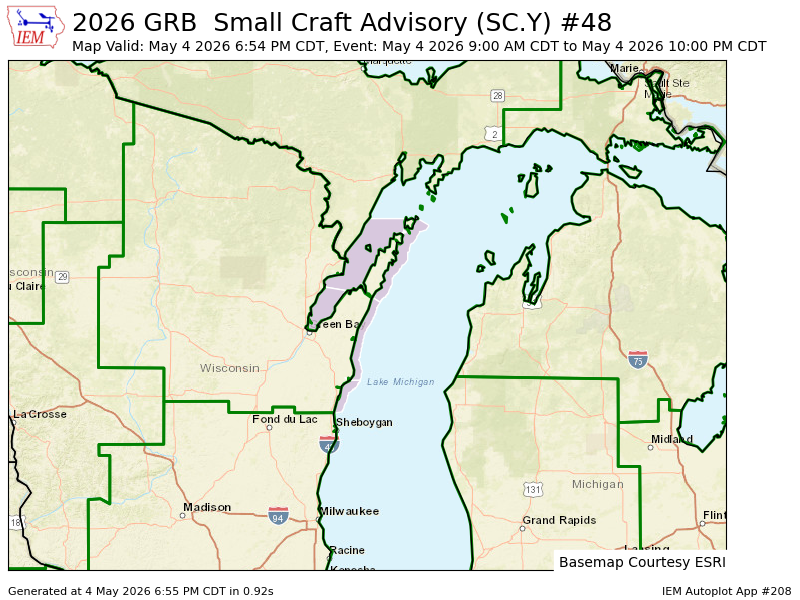 GRB updates Small Craft Advisory (extends time of 3 zones, continues 2 zones) till May 4, 10:00 PM CDT mesonet.agron.iastate.edu/vtec/f/2026-O-…