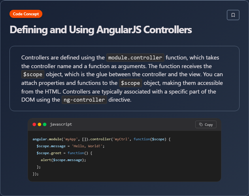 techielearnapp's tweet photo. ✨ Defining and Using AngularJS Controllers (JavaScript)

#JavaScript #WebDev #Frontend #JS #100DaysOfCode #DevLife https://t.co/0i1IVKsTpy