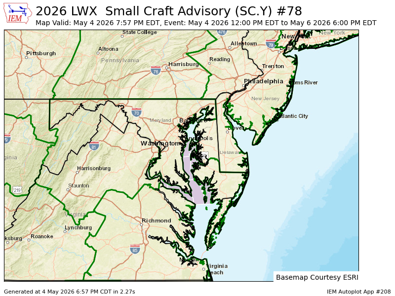 LWX extends time of Small Craft Advisory for 7 forecast zones in [AN] till May 6, 6:00 PM EDT mesonet.agron.iastate.edu/vtec/f/2026-O-…