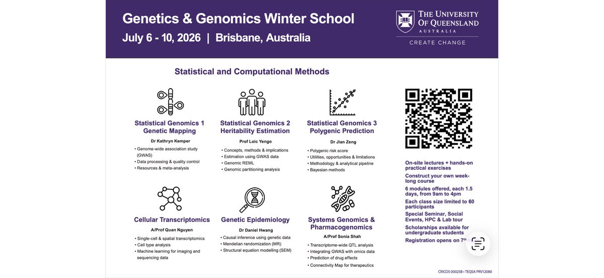 Registration still open for the 5th Genetics &amp; Genomics Winter School (GGWS2026), 6-10 July at UQ Brisbane. Hands-on training in modern statistical &amp; computational genomics. #StatGen <a href="/IMBatUQ/">Institute for Molecular Bioscience</a> 

hsu.imb.uq.edu.au/genetics-and-g…