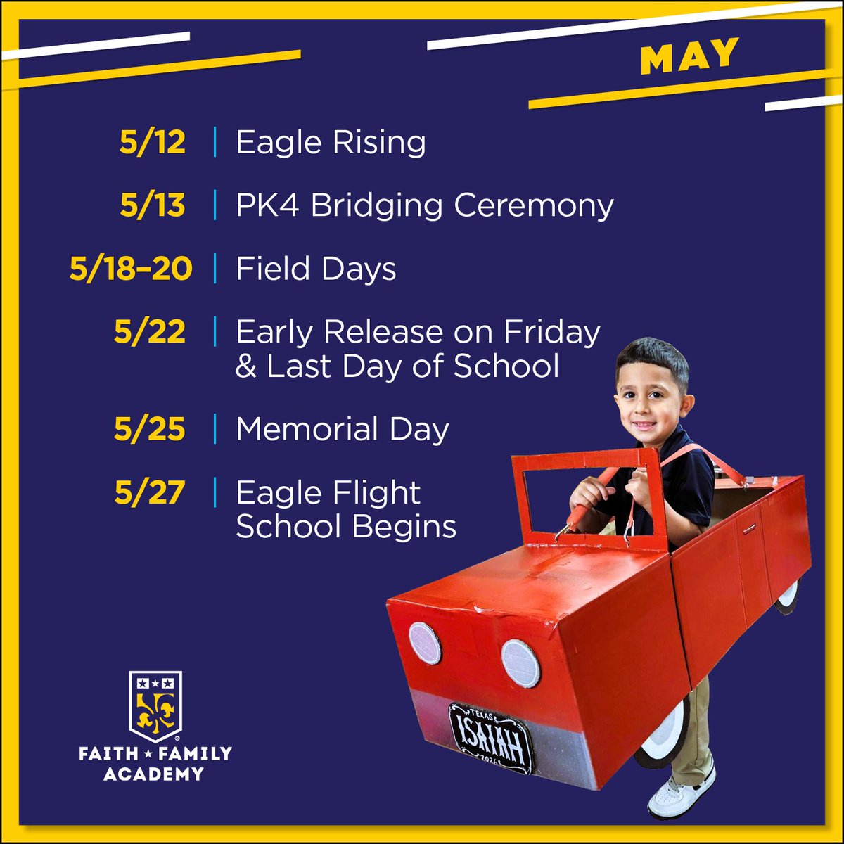 FaithFamilyAcad's tweet image. 🦅 It’s the May Eagle Outlook for Waxahachie! Check out all the events, academic trips, and early releases coming up this month!
#StudentsFirstatFFA #GoldStandard #publicschools #openenrollment