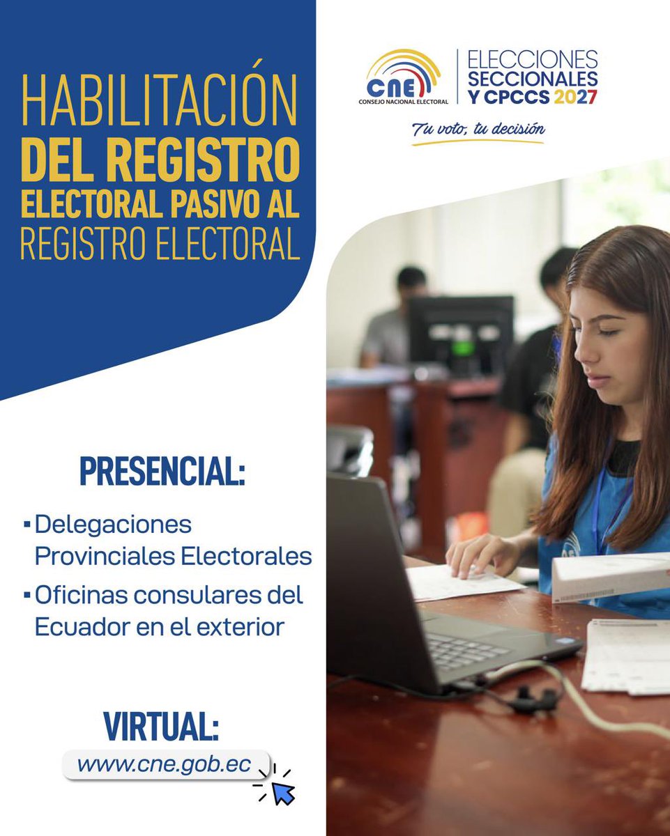 CNEGalapagos's tweet photo. 📢 #CNEInforma

Se habilita el Registro Electoral Pasivo al Registro Electoral 🗳️
📍 Presencial: Delegaciones Provinciales y consulados 💻 Virtual: https://t.co/ZsUohaDQAe https://t.co/4dOoCe1tw0