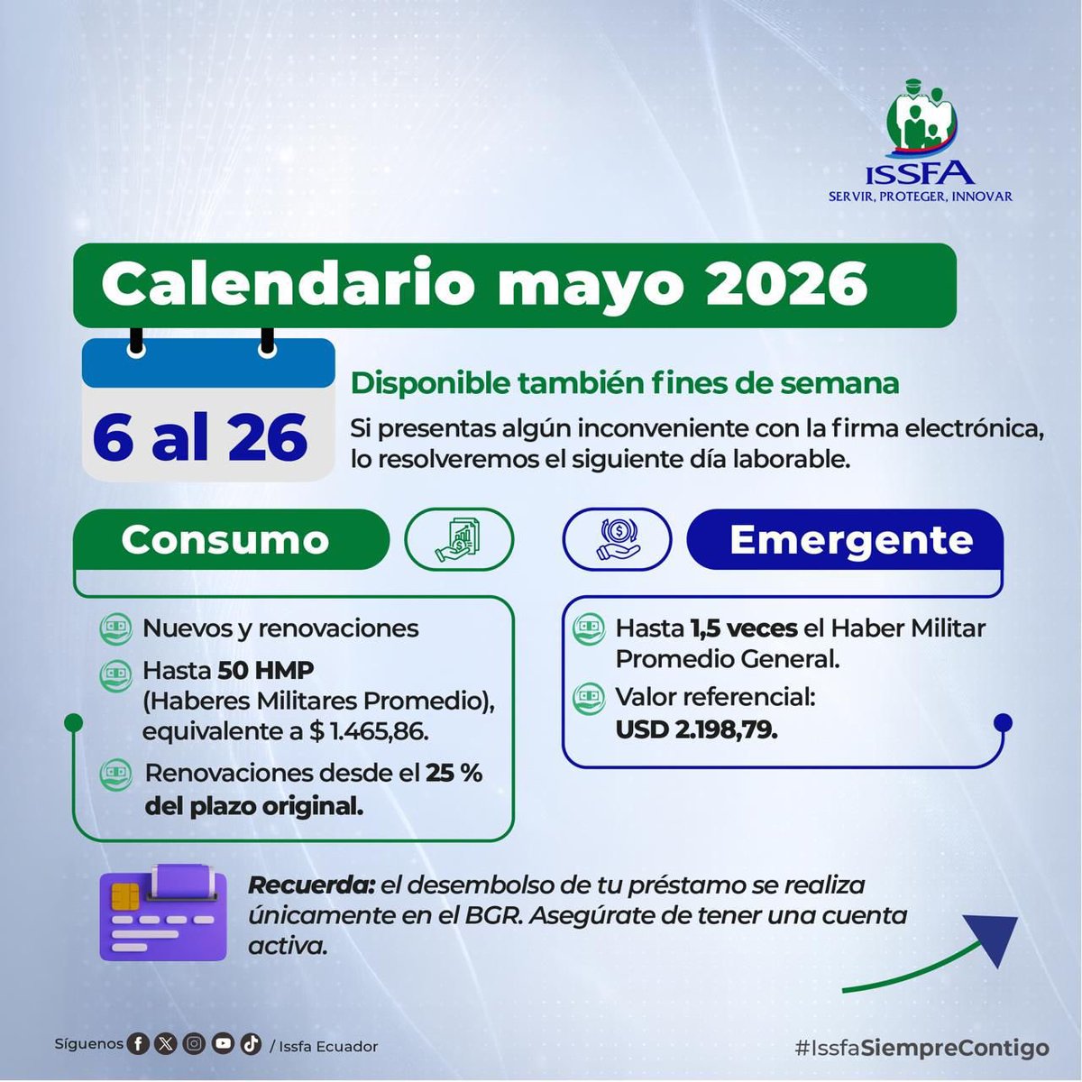 ISSFA_ECUADOR's tweet photo. 💳 Préstamos quirografarios – mayo

Desde el 6 de mayo, realiza tu solicitud según tu capacidad de pago.

📲 Hazlo en la Oficina Virtual o a través del Issfa Bot
📅 Disponible hasta el 26 de mayo (incluye fines de semana)

Recuerda:
🔹 Desembolso únicamente en el BGR https://t.co/JkGxNMSP8U
