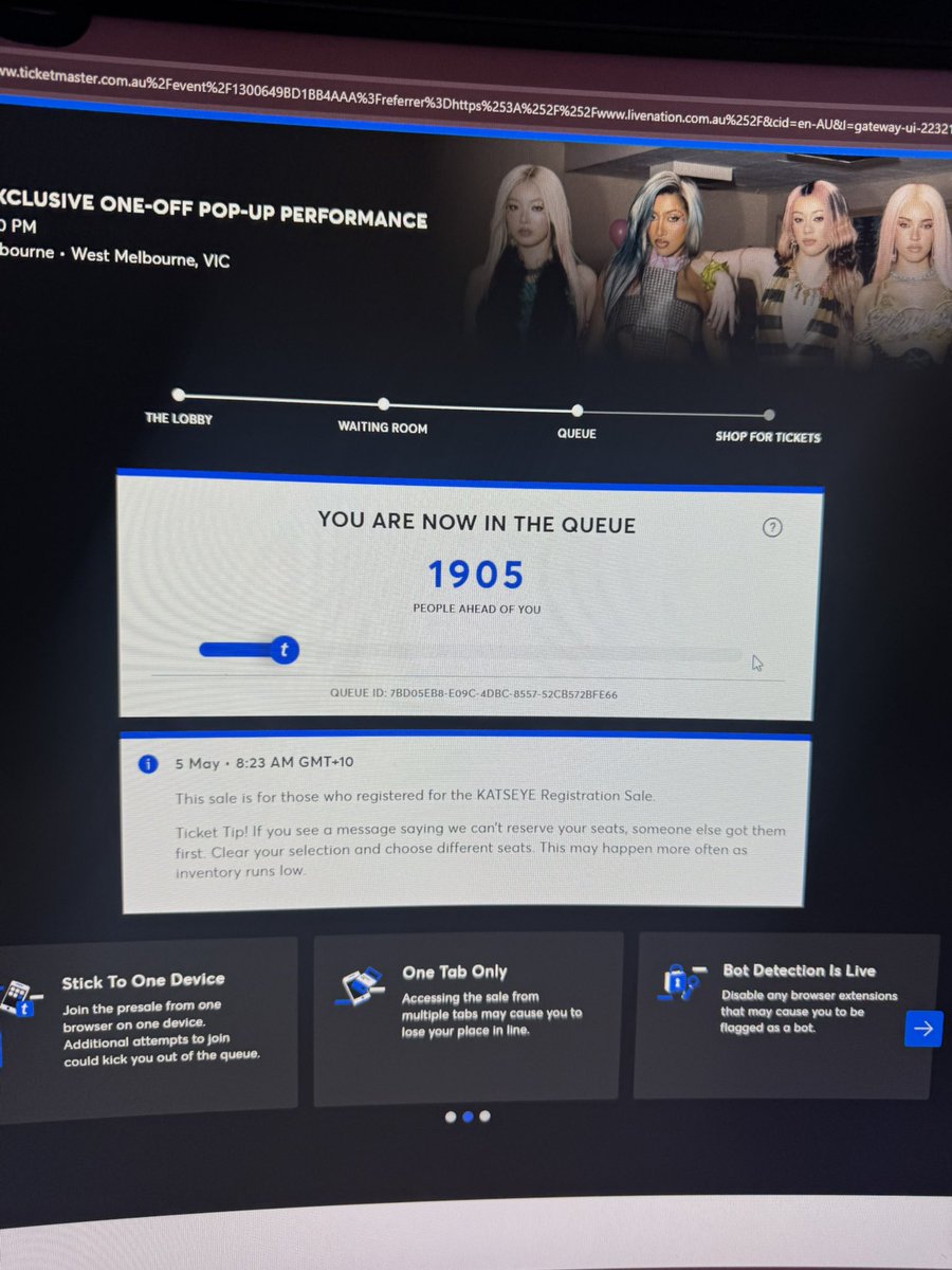 Staslaa's tweet photo. Got such a good spot in queue for Katseye Melbourne just for Ticketmaster to f me over!!! ???? Like whyyyy https://t.co/4eBmxwgiCw