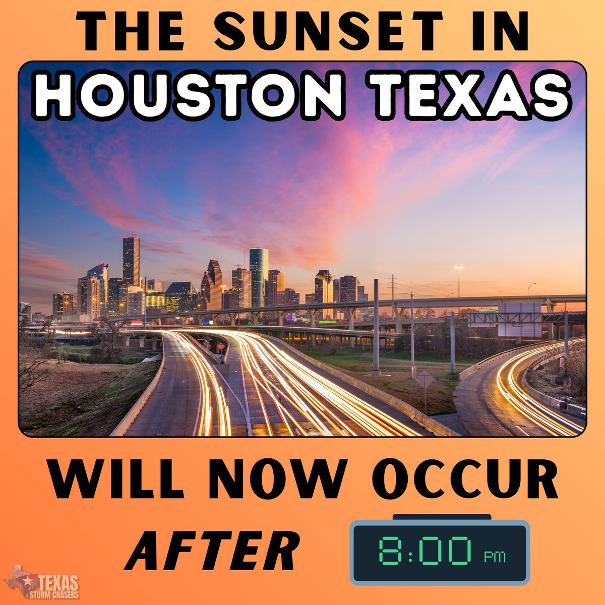 TxStormChasers's tweet image. How about that? The sunset in Houston, TX is now after 8:00 PM.

Houston is currently gaining about a minute and a half of daylight each day.

#houston #texas #sunset