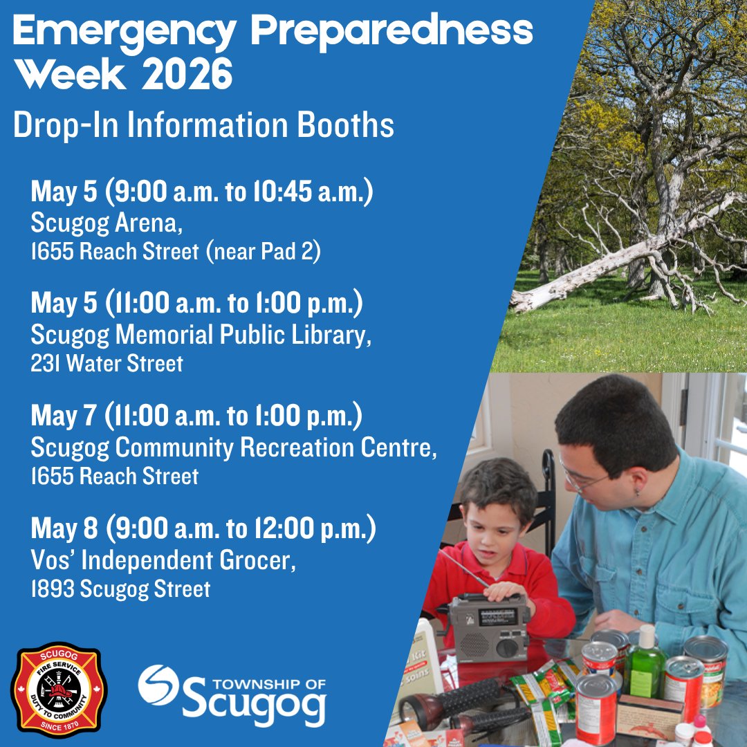 TwpofScugog's tweet image. We are hosting four drop-in information booths throughout #EPWeek.
 
Come by to speak with staff, ask questions about emergency preparedness, and take home materials that will help ensure you can #BePrepared for an emergency situation!
 
Learn more: scugog.ca/beprepared