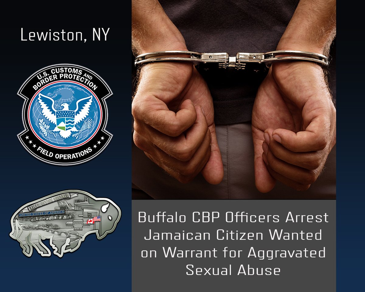 DFOBuffalo's tweet photo. Over the weekend, Buffalo @CBP officers intercepted a Jamaican citizen wanted for Aggravated Sexual Abuse in the Rochester, NY area. Thanks to swift action &amp; coordination, the individual was apprehended &amp; handed over to local law enforcement. Great teamwork = safe communities! 🤝 https://t.co/e4NCaktdPE