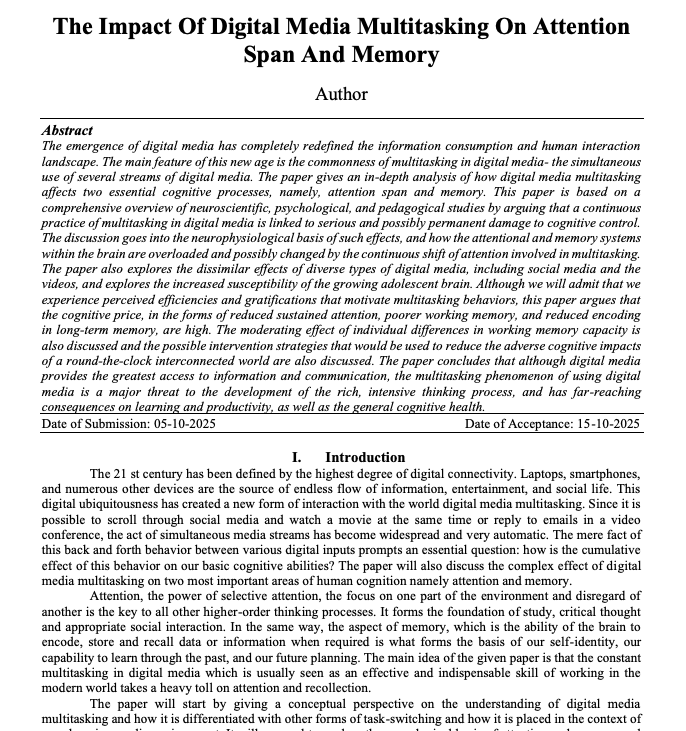 ihteshamali's tweet photo. Multitasking doesn't make you more productive.

It makes you think like an 8-year-old.

Researchers at the University of London studied participants completing cognitive tasks while multitasking. The IQ impact was measured directly.

Men who multitasked experienced IQ drops of up to 15 points. That decline temporarily pushed their cognitive functioning into the average range of an 8-year-old child.

A comprehensive review published in October 2025 in the IOSR Journal of Humanities and Social Sciences synthesized this and dozens of additional studies confirming the same pattern: continuous digital media multitasking is linked to serious and possibly permanent damage to cognitive control.

The paper: "The Impact of Digital Media Multitasking on Attention Span"
IOSR Journal of Humanities and Social Sciences, Volume 30, Issue 10, October 2025.

The people who pride themselves on being good multitaskers are not experiencing a cognitive superpower.

They are experiencing the Dunning-Kruger effect applied to their own brain.

You don't notice the drop in thinking quality because the drop happens in the part of your brain that monitors thinking quality.

Every time you switch tasks, you pay a tax.

It accumulates.

And unlike financial debt, you can't see the balance.

https://t.co/kMKXe1faHc