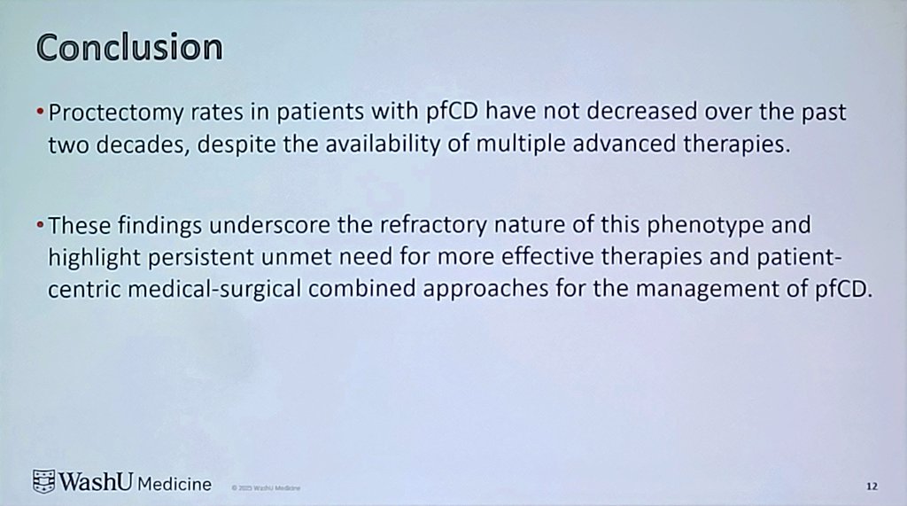 z_bakhshiii's tweet photo. 📈🔥 Proctectomy in pfCD is STILL happening despite advanced therapies!
🧠 TriNetX cohort (2005–2025): ➡️ Proctectomy ↑ from 0.30% → 1.19% ⬆️
💊 Trends by therapy: 
🔹 Anti-TNF ⬆️
🔹 Anti-integrin ⬆️
🔹 Ustekinumab ⬆️
🔹 Upadacitinib ⬆️ (highest 📊)
🔹 Anti–IL-23 ➡️ (stable)
⚠️ Bottom line: Even in the biologic/JAK era… a subset of pfCD remains refractory → surgery 🏥✂️
#IBD #Crohns present by Thabet Qapaja from
@P_DeepakIBDMD @P_DeepakIBDLab 
@LuluNut23
@DDWMeeting #DDW2026