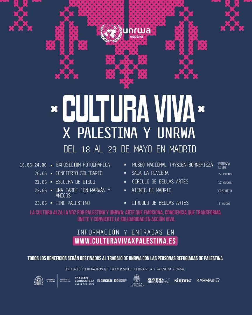 La cultura se mueve.
Madrid también.
CULTURA VIVA X PALESTINA &amp; UNRWA reúne música, cine y arte con un objetivo claro: apoyar a Palestina.
🎟️ eventos.unrwa.es/culturavivaxpa…