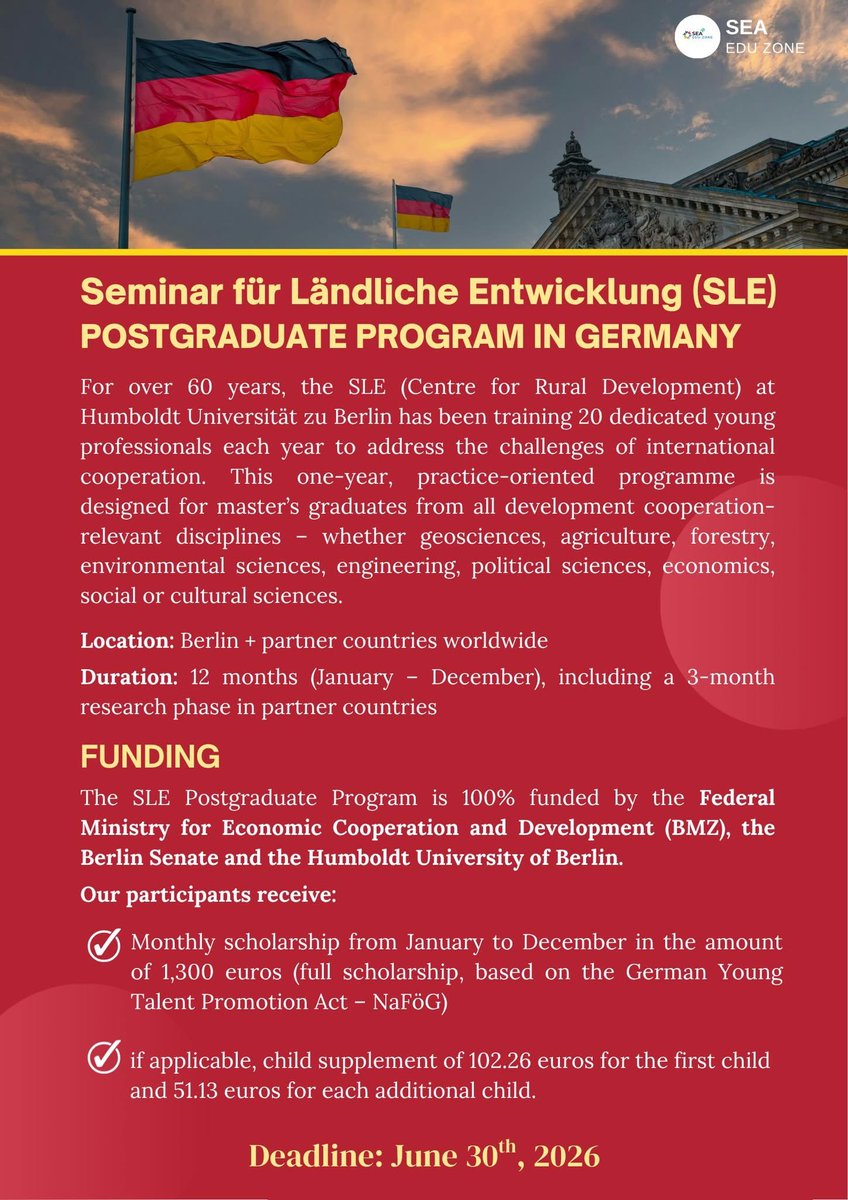 GOOD NEWS! ✨

🚨 Fully Funded Scholarship in Germany
The SLE Postgraduate Program at Humboldt University Berlin is now OPEN!

Open to graduates in: 🌍 Agriculture 🌱 Environmental sciences 🏗 Engineering 📊 Economics 🏛 Political &amp; social sciences …and other development