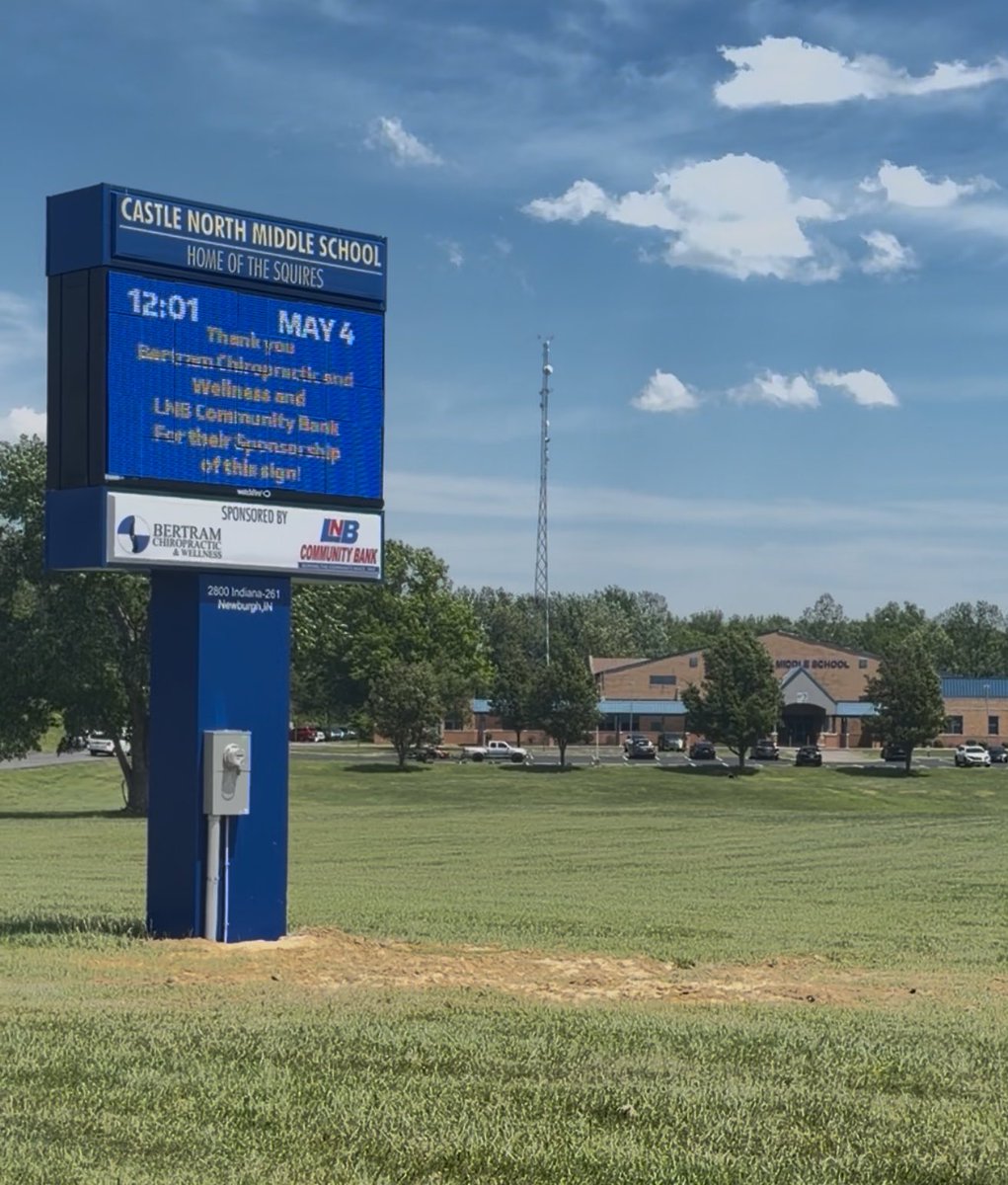 JBert01's tweet photo. A Humongous Thank You to Bertram Chiropractic and Wellness and to LNB Community Bank for their generous donations that helped us get a brand new digital sign here at Castle North!  It is truly beautiful! #cnms #no2ndprize https://t.co/0Dgy4SdrvJ