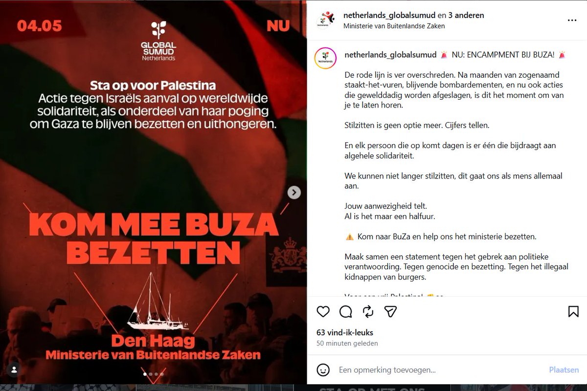 De oproep tot bezetting van het ministerie van BuZa komt van pro-Hamas-koepel PGNL en van zijn verlengstuk Netherlands Globalsumud, de NL organisatie van de Gazavloot.