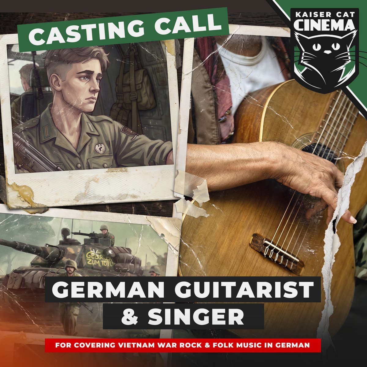 kaisercatcinema's tweet image. Casting Call - German Guitarists and Singers! For a Vietnam video project, we are now looking for  a German guitarist and folk singer who can help us cover Vietnam War classics in German. Apply at vincent@kaisercatcinema.com. Info at kaisercatcinema.com/s/about-coldwa… #vietnam #war #music