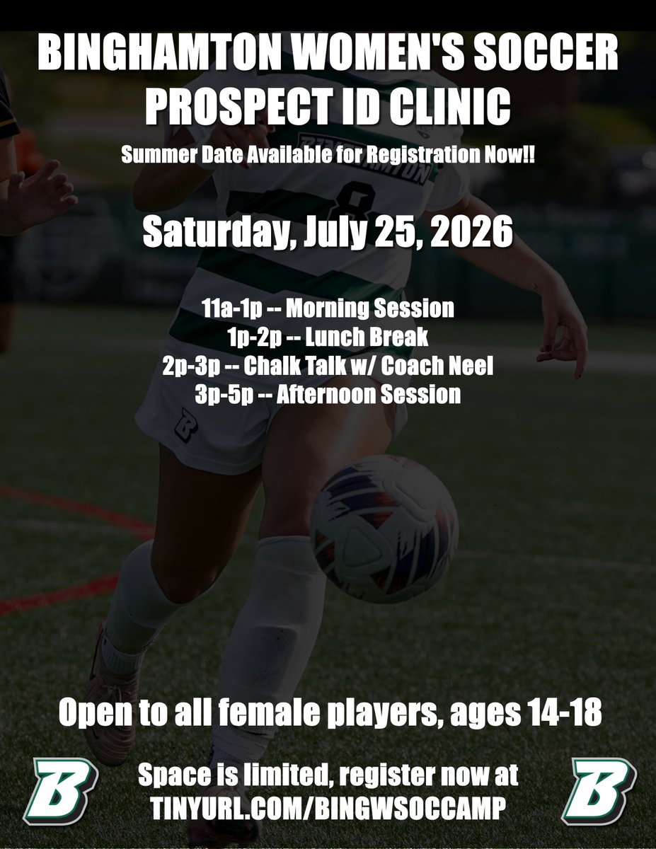 BinghamtonWSOC's tweet photo. Register now for our Summer Prospect ID Clinic on Saturday, July 25

Camp provides a great opportunity to work with our coaching staff and see what it's like to be a Bearcat

Space is limited. Register at https://t.co/dYCmd7g9qE https://t.co/CNgvHvz5pM