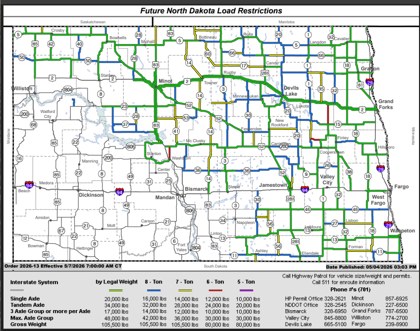 NDPermits's tweet photo. New weight restriction map will go into effect Thursday at 7 am CST.  DO NOT route loads until after 7:15 am to avoid paying ton mile fees.  #NDHP https://t.co/1wFixIzvM9