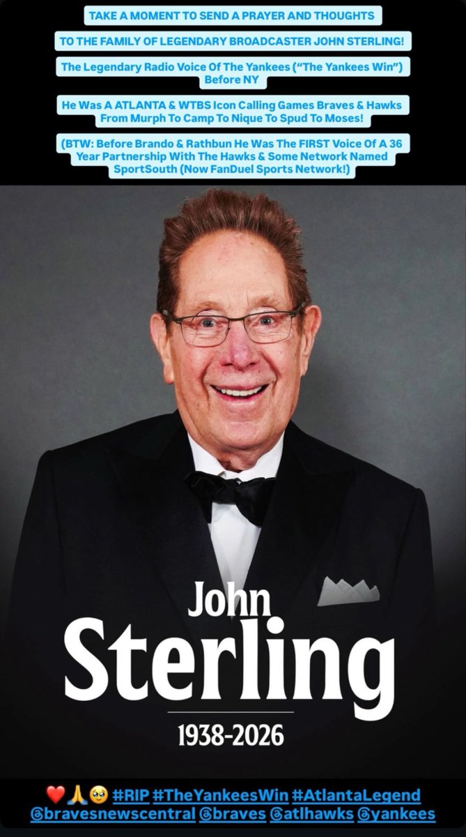 JaredYeldellMV's tweet image. #RIP #JohnSterling #MediaIcon 
@Braves @ATLHawks @Yankees 

@BravesOnWTBS 

(In The 36 Years Of Coverage Between The Hawks on SportSouth/Now FanDuel Sports Network They’re Was Four Voices Art Eckman @TimBrando &amp;amp; Since 1996 @BobRathbunTV But Before All 3 Took The Mic It Was John