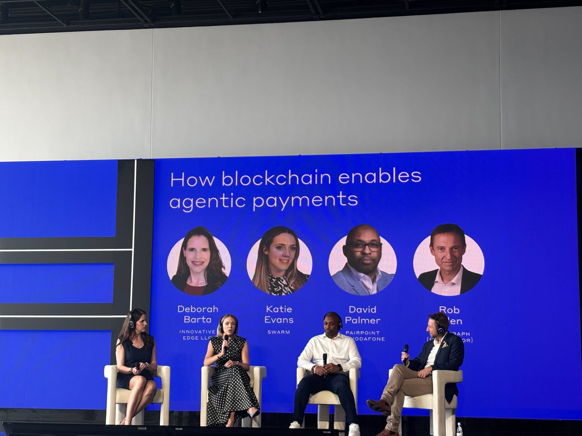 Agentic payments are in development, and moving fast 🤖

David Palmer <a href="/VodafoneGroup/">Vodafone Group</a> (Pairpoint), Katie Evans <a href="/SwarmMarkets/">Swarm</a>, Deborah Barta at Innovative Edge, and Rob Allen <a href="/hashgraph/">Hashgraph</a> explored machine-driven transactions in the session “How blockchain enables agentic payments”.