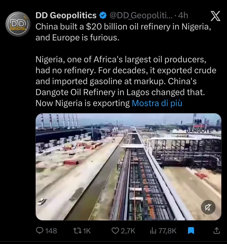 davideravera's tweet image. 🦄❌#Disinfo #Cina #Nigeria | Post eccezionalmente fuorviante da cui si evince che la Cina abbia finanziato la raffineria di Dangote, che è uno degli uomini più ricchi d’Africa e ha raccolto i fondi nei modi classici. Tra i contractor c’è la cinese CNEC ma non è nemmeno l’unico.