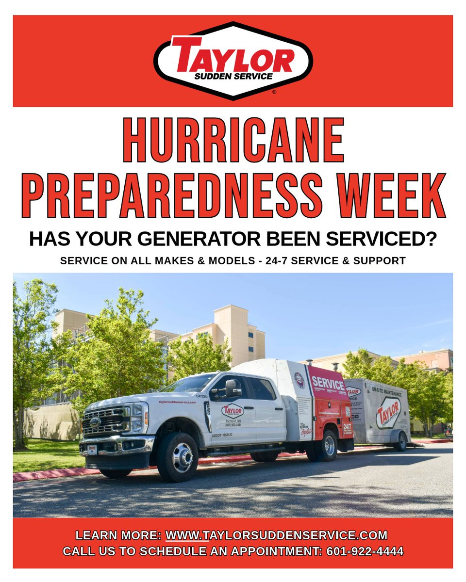 TaylorPowerSys's tweet photo. If you own a standby generator, the best way to be prepared before a hurricane makes landfall is to have your generator inspected and serviced by the team at @Taylor_SSI. Guaranteeing your standby generator is ready and operating impeccably is the best way to protect your business or home BEFORE a Hurricane threatens.

Taylor Sudden Service is ready to inspect and service your generator to ensure it's ready to perform when you need it most. Don’t wait for Hurricane season to start - call us today to schedule an inspection and routine service. Find your closest SSI location by clicking here 👉 https://t.co/LnhOkWsWrW.

#hurricanepreparednessweek #suddenservice #generators #maintenance #service #hurricane #outages #storms #prepared #repairs