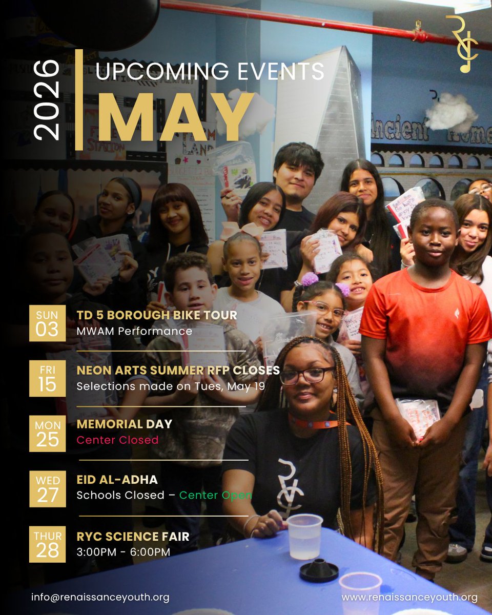 RenYouthCenter's tweet photo. Stay connected with everything happening at RYC this May! 

Take a look and stay in the loop. You won’t want to miss what’s coming up!

#YouthEmpowerment #NYCYouth #BronxYouth #CommunityImpact #AfterSchoolPrograms https://t.co/EWwuK7574y