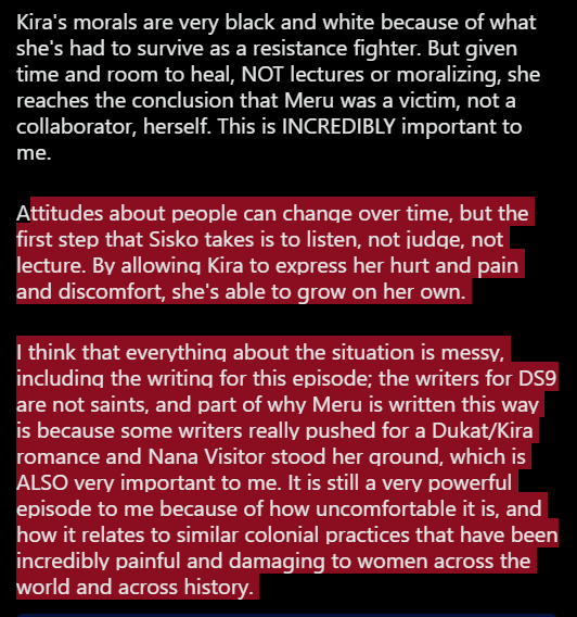 So, re: Wrongs Darker than Death or Night, one of the things that is very important to me about this episode that also makes it VERY difficult to watch is that both Kira and Meru are not Perfect Victims, precisely because of what they have survived.