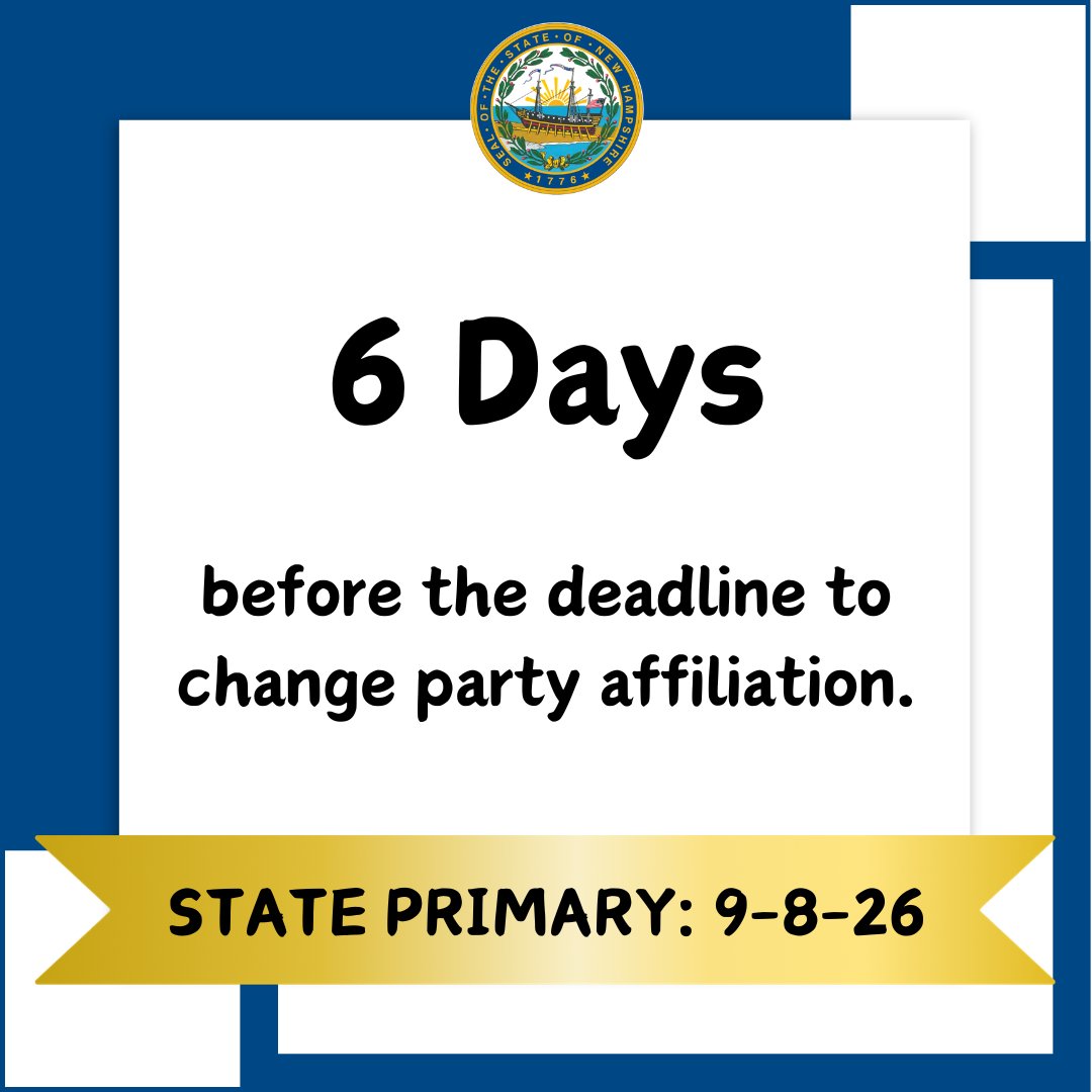 NHSecretary's tweet photo. Attention voters: If you want to change your party affiliation before the State Primary Election in September, you have until June 2 to do so. Contact your local clerk for more information. https://t.co/WgLVjDTpZF