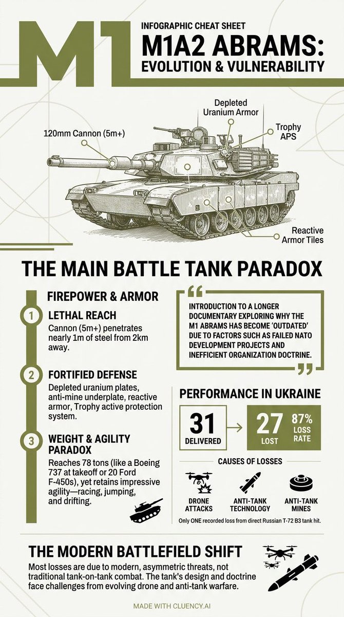 cluencyai's tweet image. @RealEngineering_'s latest asks if the M1 Abrams is outdated. Turns out 27 of 31 delivered to Ukraine have been lost! Made with @cluencyai

#MilitaryTech #Tank #Abrams
