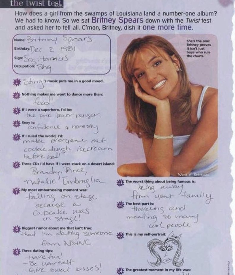 OldInternetFeel's tweet photo. a questionnaire answered by britney spears https://t.co/5AJmFl80op