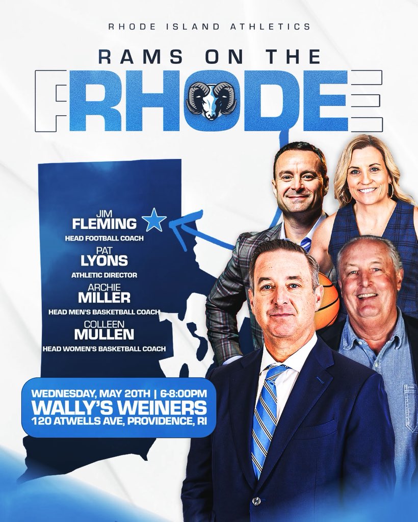 GoRhodyRams's tweet photo. catch the Rams on the Rhode! join us for meet and greets with Vice President/Athletic Director Pat Lyons, @RhodyFootball’s Jim Fleming, @RhodyMBB’s Archie Miller, and @rhody_wbb’s Colleen Mullen throughout the summer 🐏🏈🏀

more info at https://t.co/0lXR9HGnQN 👀 https://t.co/8WkjLzvk1R