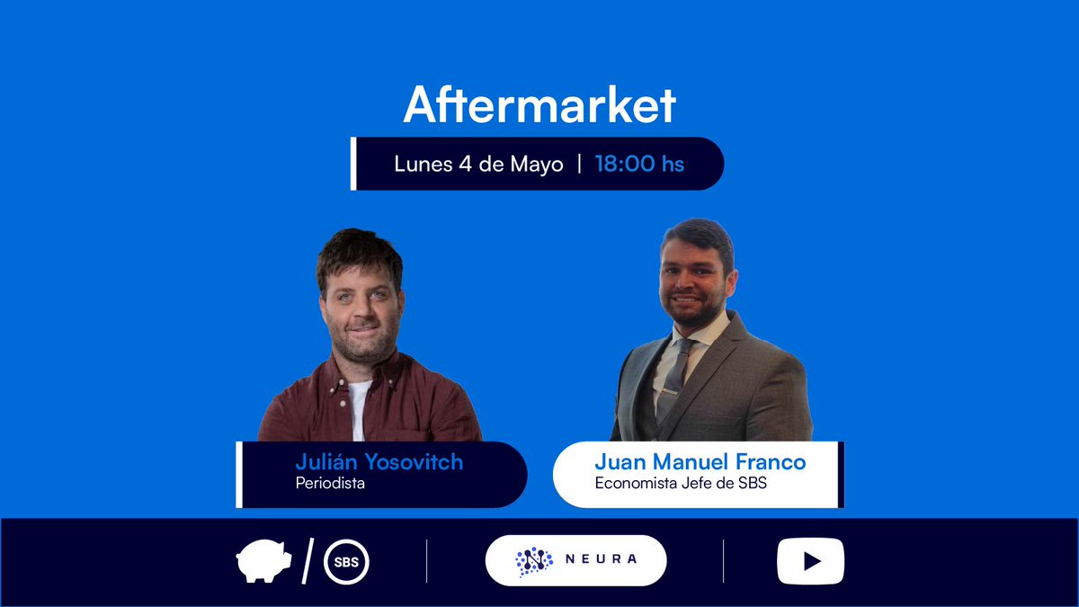 quicktradesbs's tweet image. 🔴 HOY 18HS - #Aftermarket 

Esta tarde nuestro Economista Jefe @jjmfranco
estará en vivo junto a @julianyosovitch en Aftermarket.

@GRUPOSBSOK

No te lo pierdas! Disponible en el canal de
@neuramedia 👉youtube.com/@NeuraMedia