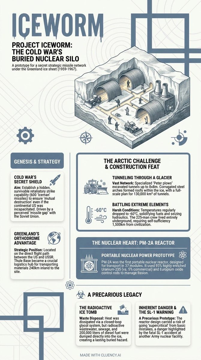 cluencyai's tweet image. @RealEngineering_’s Project Iceworm was wild. They used modified snow millers to excavate tunnels under Greenland! Cheat sheet’s done. Made with @cluencyai

#ColdWar #Engineering #History