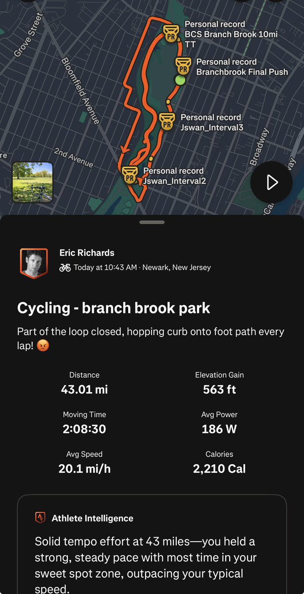 EricR6355's tweet image. Today’s ride was on a crit course.. of course a portion was closed so I had to hop a curb and use a walking path every lap! Still got it done..  ✅🚲
#cycling #strava #bikeride #fitness