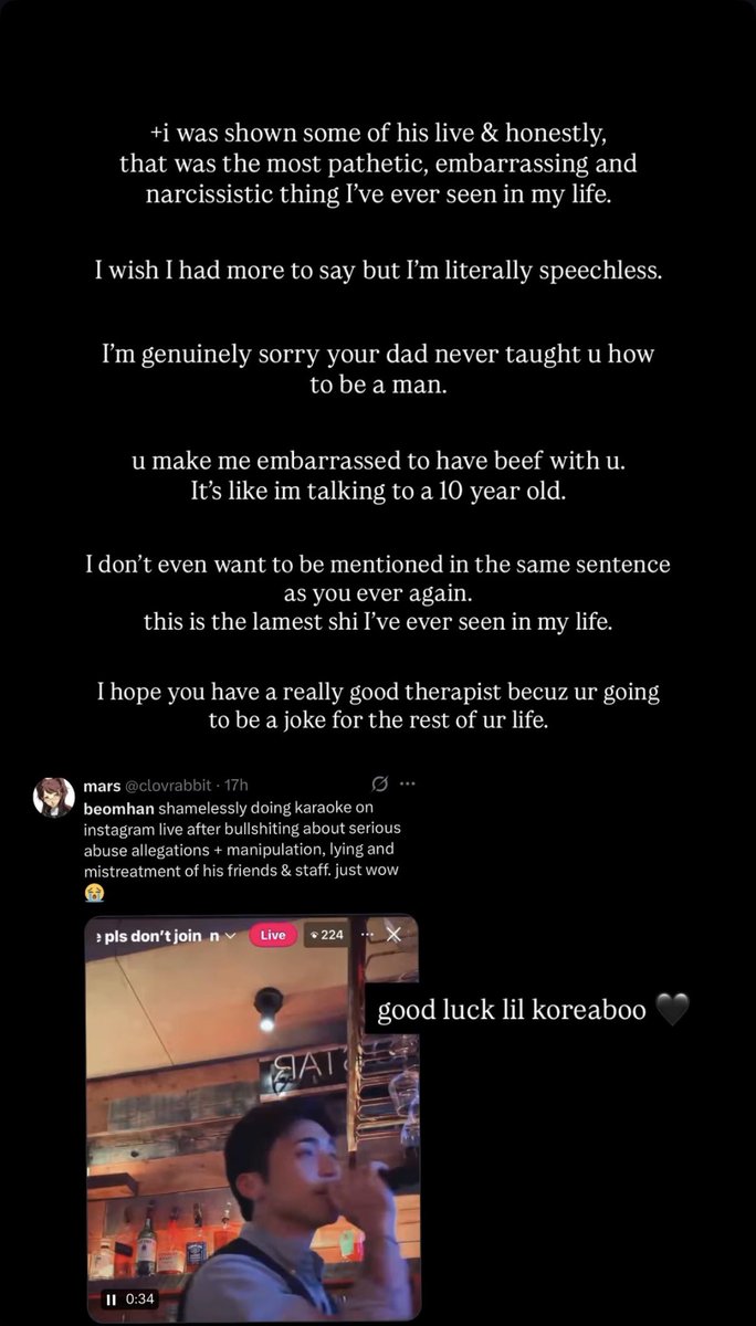 toshisheart's tweet photo. [050426] #TOSHI Instagram Story
🎶: not like us (instrumental) - party tyme

+i was shown some of his live &amp; honestly, that was the most pathetic, embarrassing and narcissistic thing I've ever seen in my life.

I wish I had more to say but I'm literally speechless.

1/3 https://t.co/J9eU2TGmje